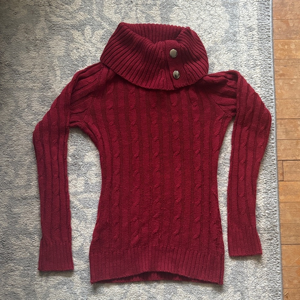 Cable-Knit Button Cowl Turtleneck Sweater - Red